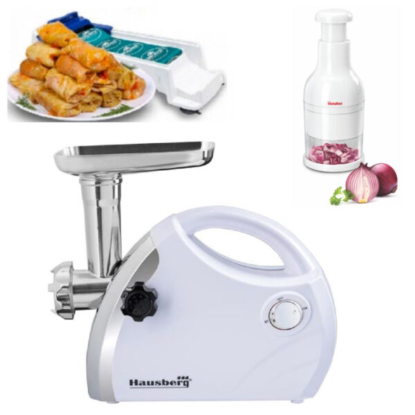 Mașină de tocat electrică, cu accesoriu pentru cârnați, 1800 W, Hansberg HB-3430 + Aparat de rulat sarmale + Chopper manual legume