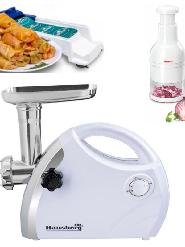 Mașină de tocat electrică, cu accesoriu pentru cârnați, 1800 W, Hansberg HB-3430 + Aparat de rulat sarmale + Chopper manual legume