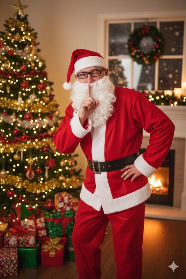 Costum Mos Craciun Deluxe, Material Catifea Rosie Cu Blanita alba, 5 Piese