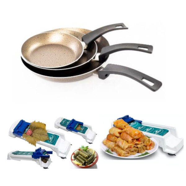 Set 3 Tigai Deluxe Din Aluminiu Teflonat Rosetta, 18, 22, 26cm + Aparat de rulat sarmale dolmer