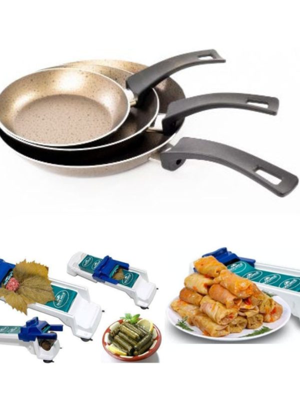 Set 3 Tigai Deluxe Din Aluminiu Teflonat Rosetta, 18, 22, 26cm + Aparat de rulat sarmale dolmer