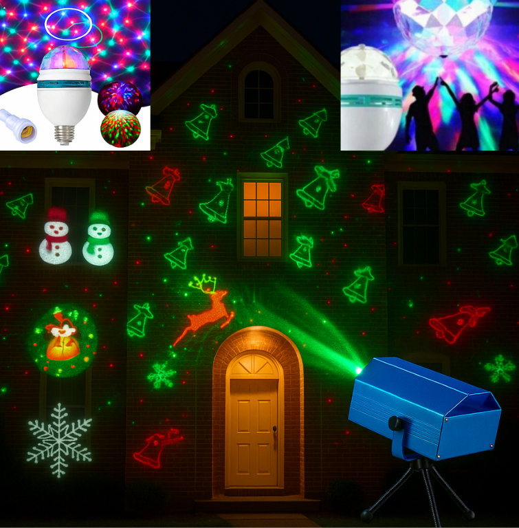 Proiector laser, rotativ, figurine Craciun, joc de lumini + Bec Rotativ, LEDuri disco, Mini Party Light, Soclu E27, 3 W, Adaptor Pentru Priza