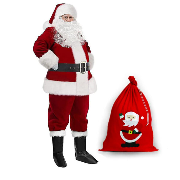 Costum Mos Craciun deluxe, material plus cu blanita, 5 piese + Sac pentru cadouri