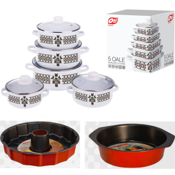Set pentru gatit 10 piese emailate model traditional + Tava cuptor con + Tava cuptor cu manere