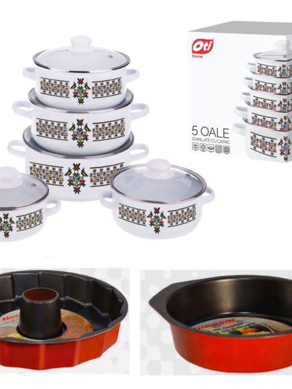 Set pentru gatit 10 piese emailate model traditional + Tava cuptor con + Tava cuptor cu manere