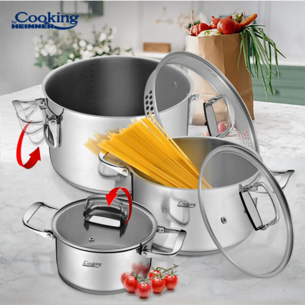 Set de gatit Milenia, 6 piese, baza 5 straturi, inox, manere pliabile, gradatie interioara, Cooking by Heinner