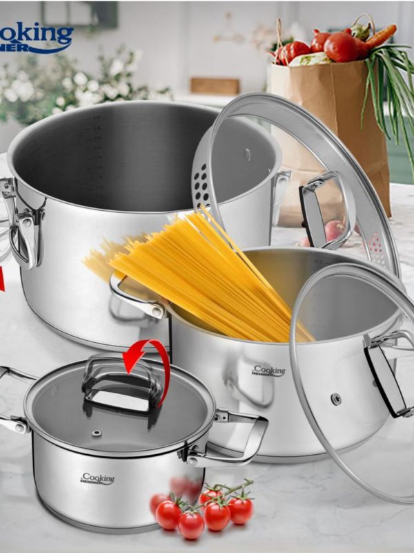 Set de gatit Milenia, 6 piese, baza 5 straturi, inox, manere pliabile, gradatie interioara, Cooking by Heinner