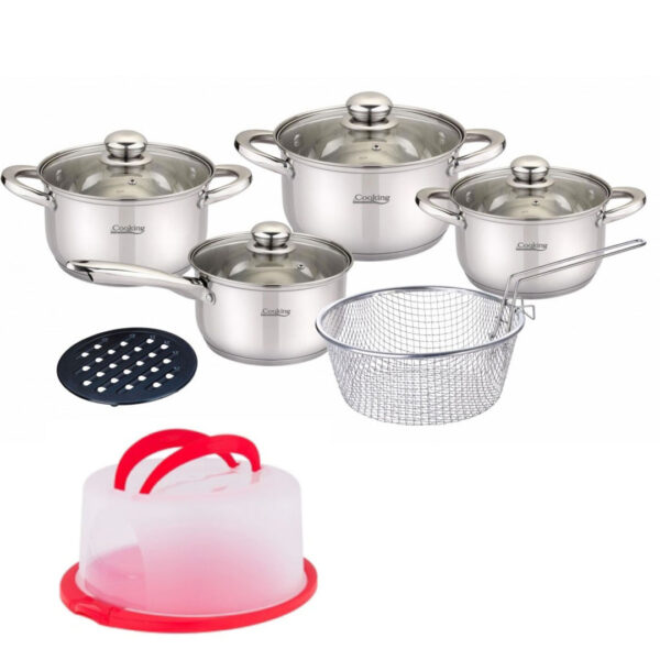 Set de gatit Madeline, Cooking by Heinner, 10 piese, inox, baza capsulata in 5 straturi, gradatie interioara + Cadou Platou tort cu capac
