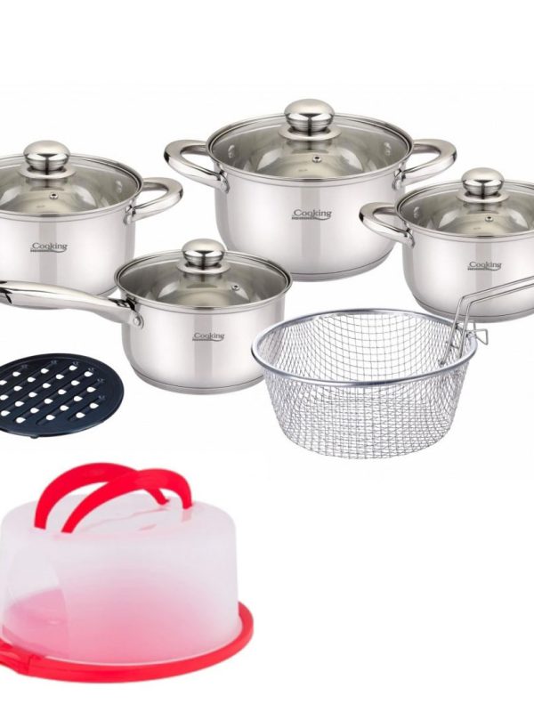 Set de gatit Madeline, Cooking by Heinner, 10 piese, inox, baza capsulata in 5 straturi, gradatie interioara + Cadou Platou tort cu capac