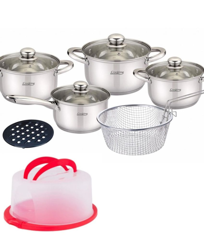 Set de gatit Madeline, Cooking by Heinner, 10 piese, inox, baza capsulata in 5 straturi, gradatie interioara + Cadou Platou tort cu capac