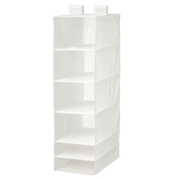 Organizator textil, suspendat, depozitare haine, 6 compartimente, alb, 35x45x125 cm