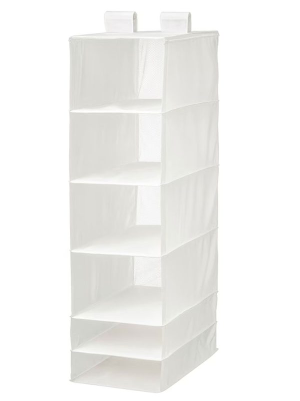 Organizator textil, suspendat, depozitare haine, 6 compartimente, alb, 35x45x125 cm