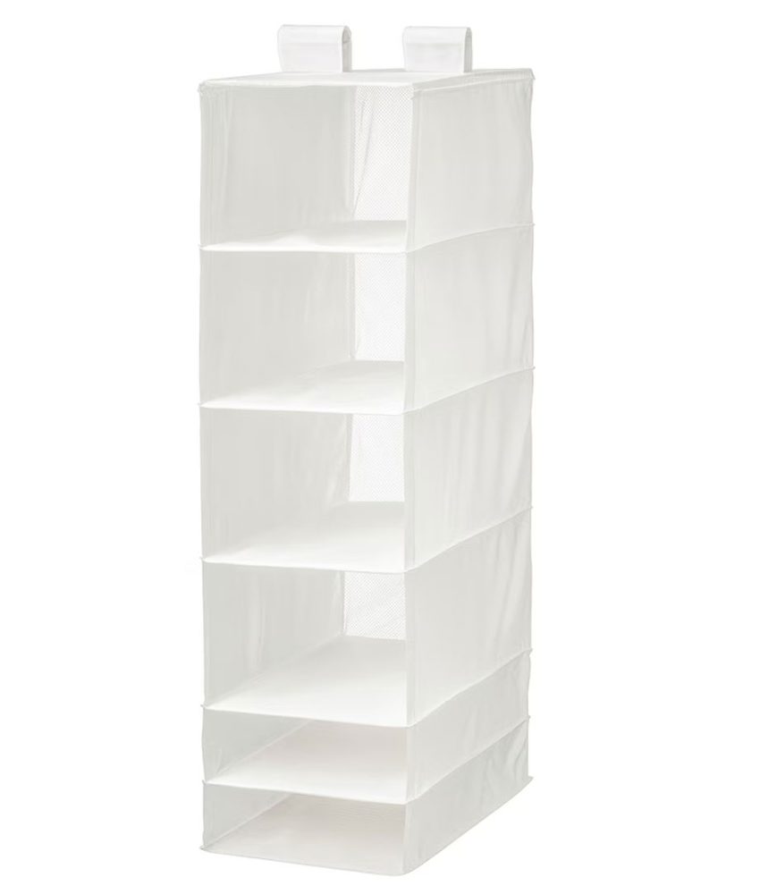 Organizator textil, suspendat, depozitare haine, 6 compartimente, alb, 35x45x125 cm