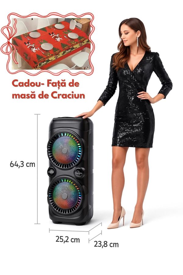 Boxă portabilă Bluetooth Sing-e ZQS-8229W, 4500 mAh, microfon wireless, efecte LED, USB/BT/FM/AUX + CADOU Față de masă 150X180 cm Crăciun