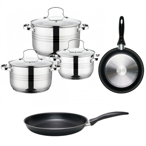 Set 6 piese Grunberg, GR1059, 2,6/4,7/6L, inox, capace din sticla + Tigaie aluminiu teflonat Vanora Brava, 24cm