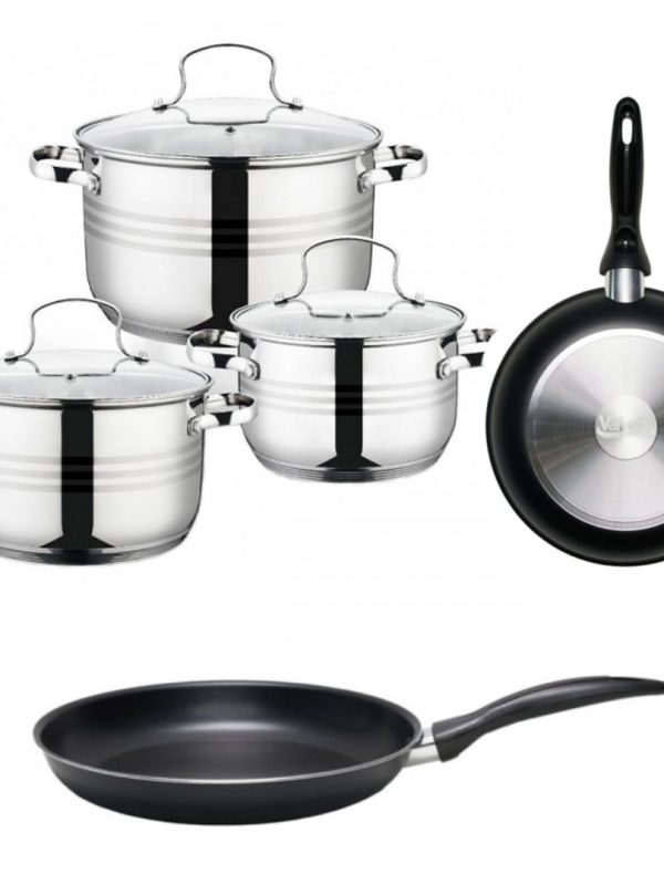 Set 6 piese Grunberg, GR1059, 2,6/4,7/6L, inox, capace din sticla + Tigaie aluminiu teflonat Vanora Brava, 24cm