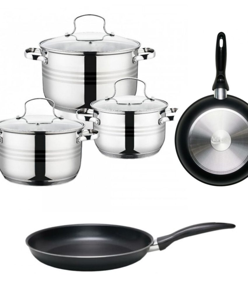 Set 6 piese Grunberg, GR1059, 2,6/4,7/6L, inox, capace din sticla + Tigaie aluminiu teflonat Vanora Brava, 24cm