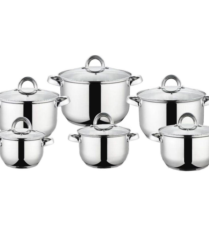 Set 12 piese Grunberg, 6 vase din inox cu capace din sticla, compatibile cu plita inductie, GR1065
