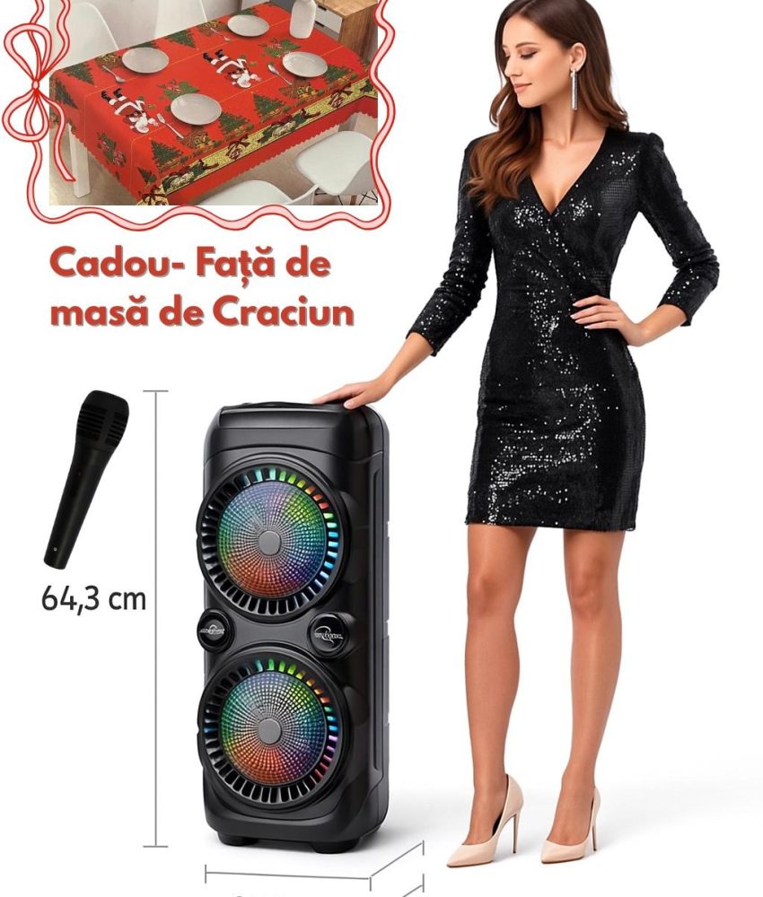 Boxă Karaoke Party X, Înălțime≈64 cm – Model 2025  +CADOU Față de masă Crăciun 150 x 180 cm!