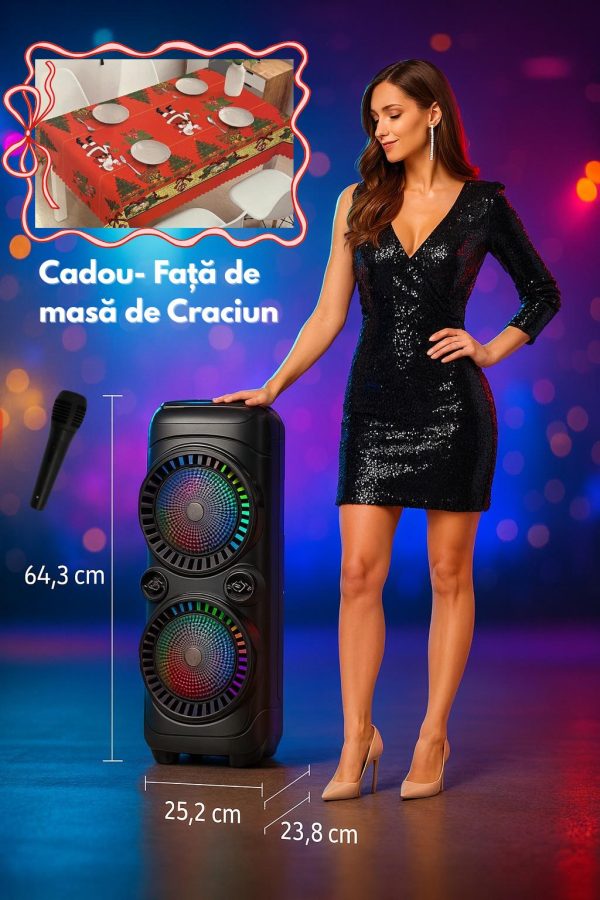 Boxă portabilă KARAOKE Bluetooth Sing-e ZQS-8229W, Microfon wireless, efecte LED, USB/BT/FM/AUX + CADOU Față de masă 150X180 cm Crăciun