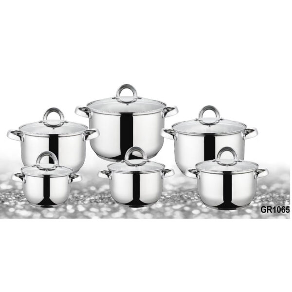 Set 12 piese Grunberg, 6 vase din inox cu capace din sticla, compatibile cu plita inductie, GR1065