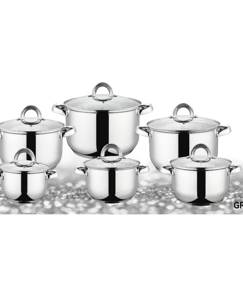 Set 12 piese Grunberg, 6 vase din inox cu capace din sticla, compatibile cu plita inductie, GR1065