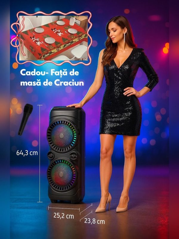 Boxă portabilă KARAOKE Bluetooth Sing-e ZQS-8229W, Microfon wireless, efecte LED, USB/BT/FM/AUX + CADOU Față de masă 150X180 cm Crăciun