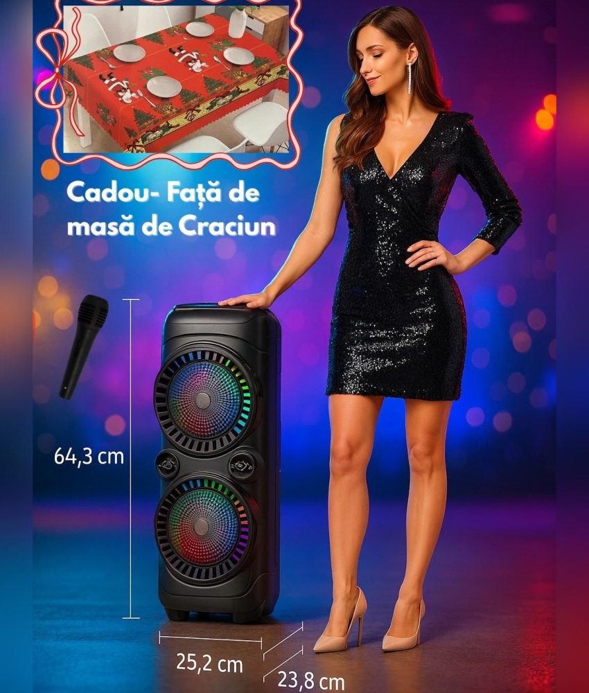 Boxă portabilă KARAOKE Bluetooth Sing-e ZQS-8229W, Microfon wireless, efecte LED, USB/BT/FM/AUX + CADOU Față de masă 150X180 cm Crăciun