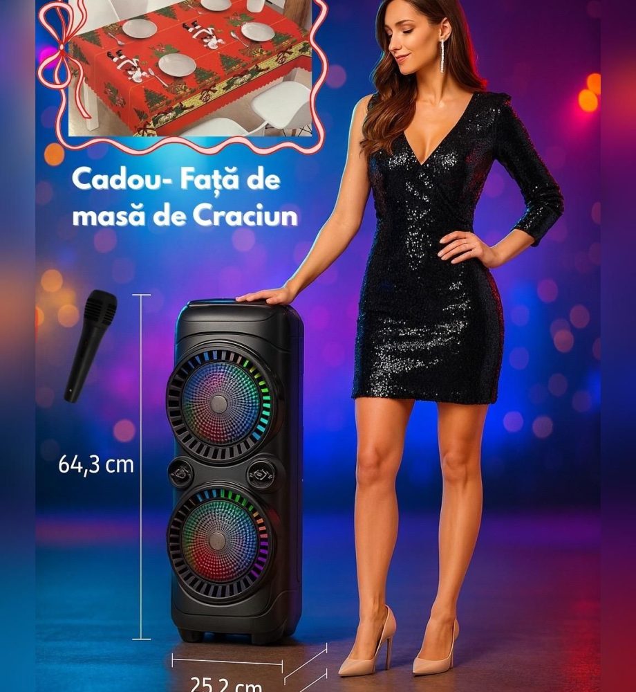 Boxă portabilă KARAOKE Bluetooth Sing-e ZQS-8229W, Microfon wireless, efecte LED, USB/BT/FM/AUX + CADOU Față de masă 150X180 cm Crăciun