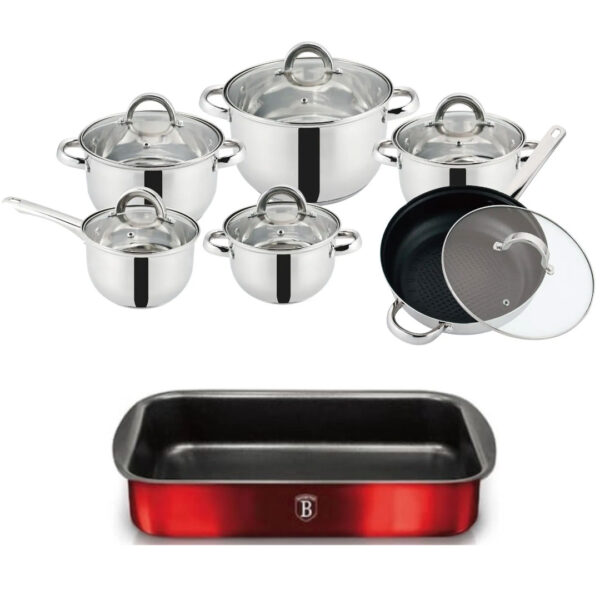 Set de gatit 12 piese inox, Grunberg GR15131, compatibile cu plita inductie, capace din sticla, baza triplu capsulata + Cadou Tava Teflonata Cuptor 38x26cm
