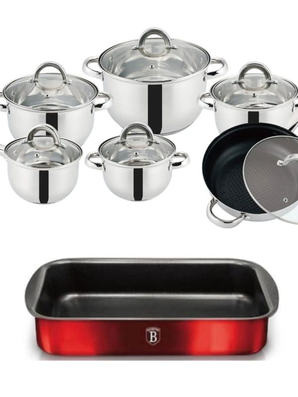 Set de gatit 12 piese inox, Grunberg GR15131, compatibile cu plita inductie, capace din sticla, baza triplu capsulata + Cadou Tava Teflonata Cuptor 38x26cm