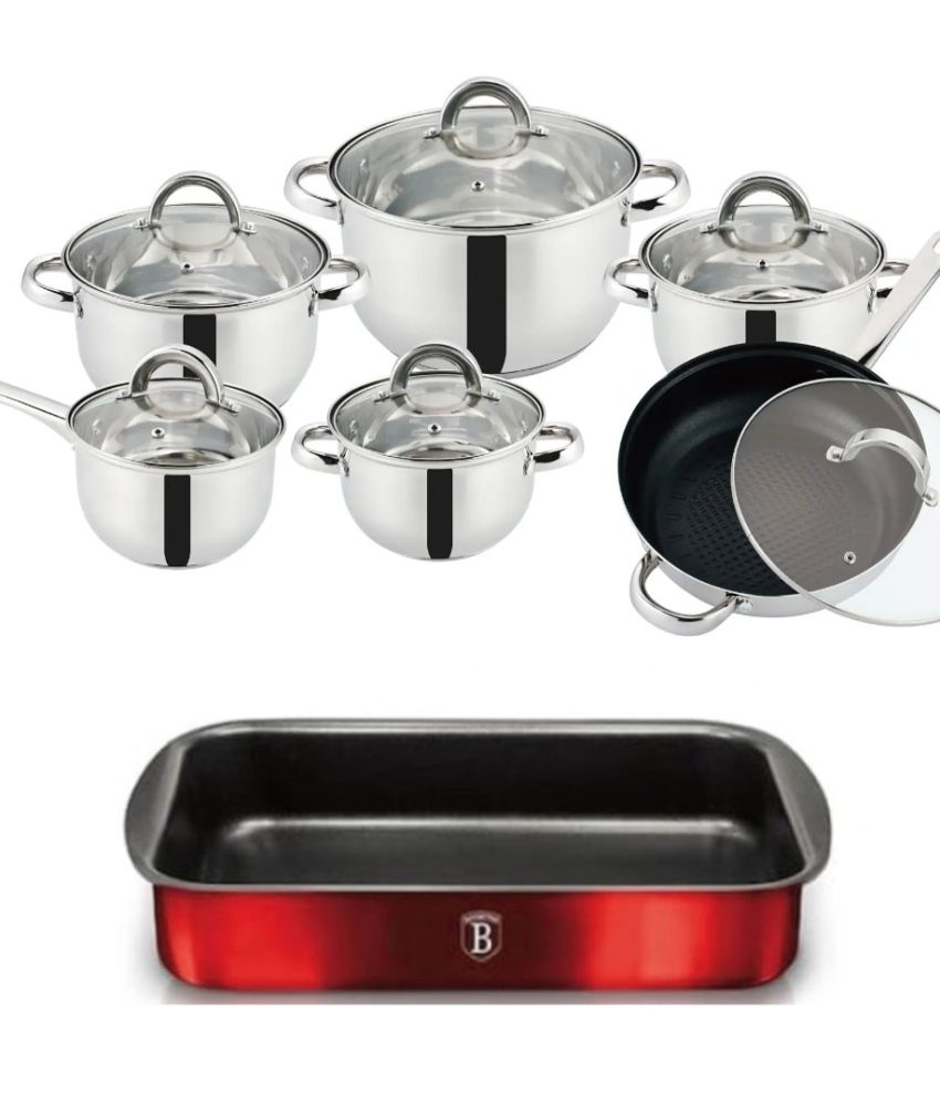 Set de gatit 12 piese inox, Grunberg GR15131, compatibile cu plita inductie, capace din sticla, baza triplu capsulata + Cadou Tava Teflonata Cuptor 38x26cm