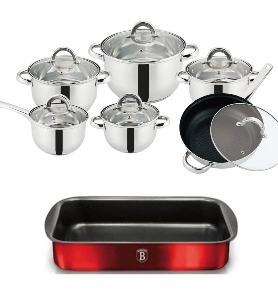 Set de gatit 12 piese inox, Grunberg GR15131, compatibile cu plita inductie, capace din sticla, baza triplu capsulata + Cadou Tava Teflonata Cuptor 38x26cm