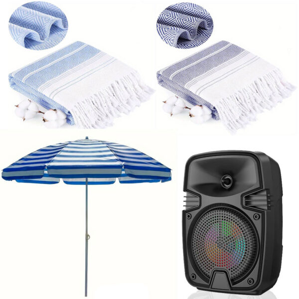 Set complet plaja, umbrela cu protectie UV, Boxa portabila cu bluetooth ZQS1328, 2x Prosop de plaja Hamam 100x180cm
