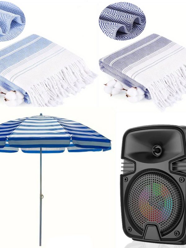 Set complet plaja, umbrela cu protectie UV, Boxa portabila cu bluetooth ZQS1328, 2x Prosop de plaja Hamam 100x180cm