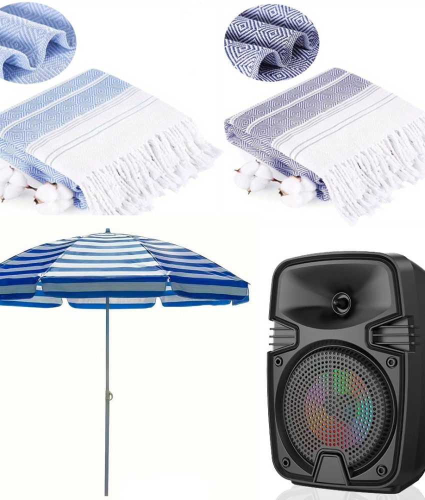 Set complet plaja, umbrela cu protectie UV, Boxa portabila cu bluetooth ZQS1328, 2x Prosop de plaja Hamam 100x180cm