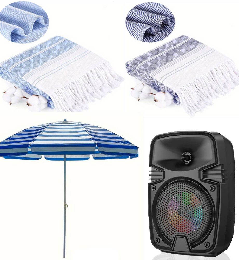 Set complet plaja, umbrela cu protectie UV, Boxa portabila cu bluetooth ZQS1328, 2x Prosop de plaja Hamam 100x180cm
