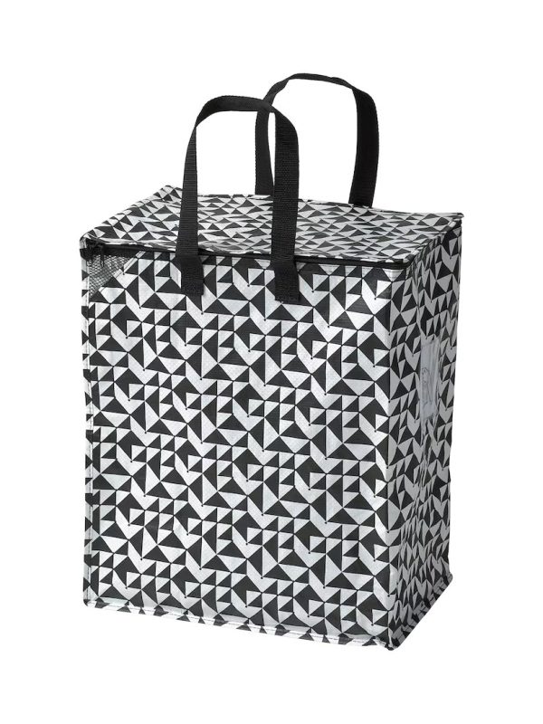 Sacoşă cu fermoar, negru/alb, pentru cumparaturi sau depozitat lucruri, 40x25x47cm, 47 l