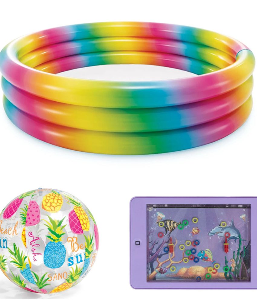 Piscina gonflabila Intex Curcubeu, 168 x 40 cm + Minge gonflabila de plaja + Tableta copii Water Game