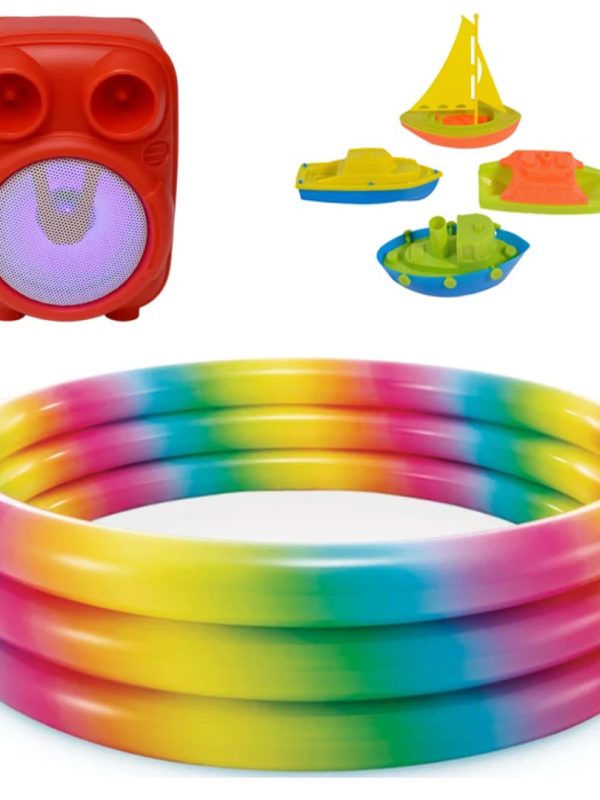 Piscina gonflabila Intex Curcubeu, pentru copii, 168x40cm + Boxa Portabila Gts 1817, 10w Bluetooth Usb + Set Barcute pentru Plaja, 6buc