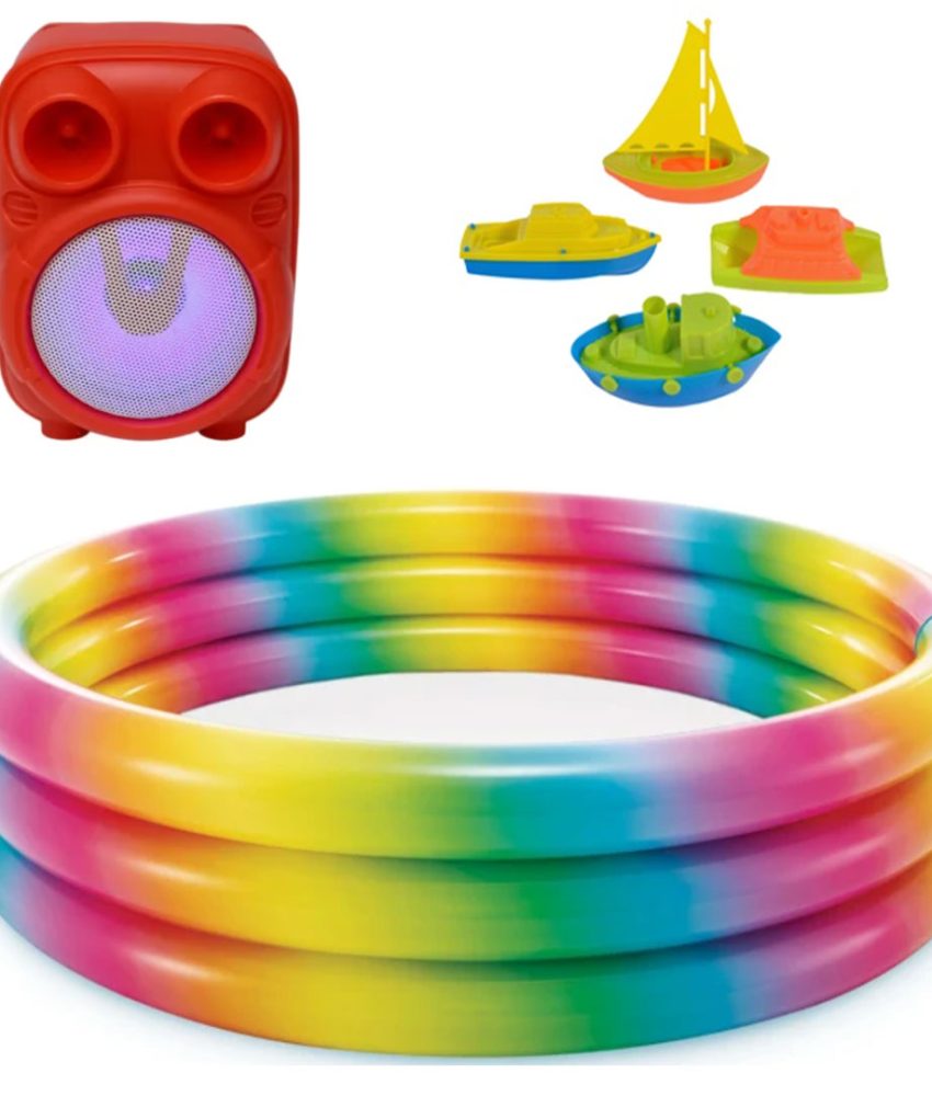 Piscina gonflabila Intex Curcubeu, pentru copii, 168x40cm + Boxa Portabila Gts 1817, 10w Bluetooth Usb + Set Barcute pentru Plaja, 6buc
