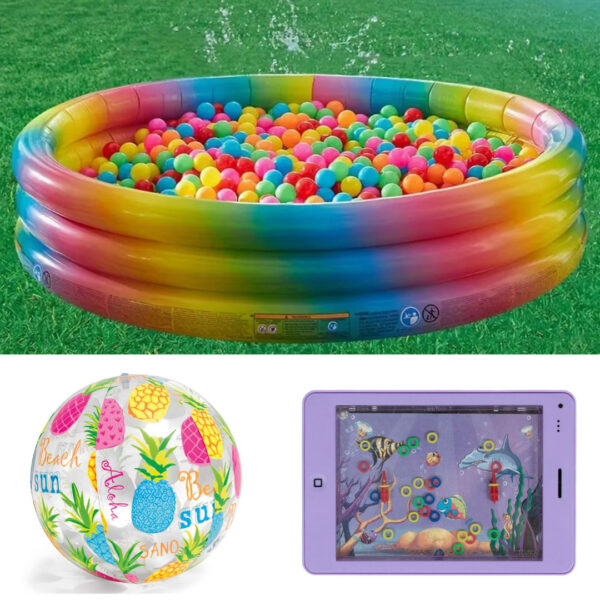 Piscina gonflabila Intex Curcubeu, 168 x 40 cm + Minge gonflabila de plaja + Tableta copii Water Game