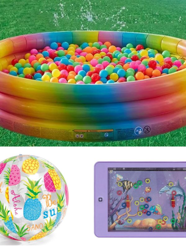 Piscina gonflabila Intex Curcubeu, 168 x 40 cm + Minge gonflabila de plaja + Tableta copii Water Game