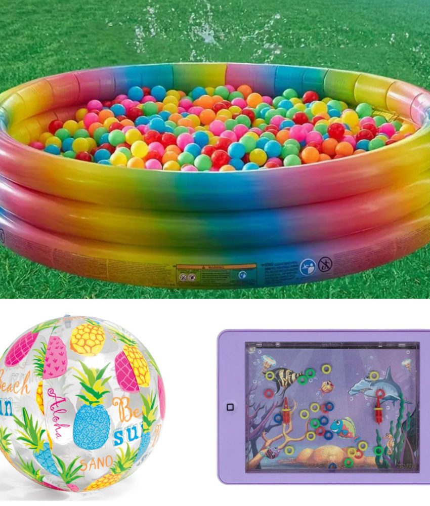 Piscina gonflabila Intex Curcubeu, 168 x 40 cm + Minge gonflabila de plaja + Tableta copii Water Game