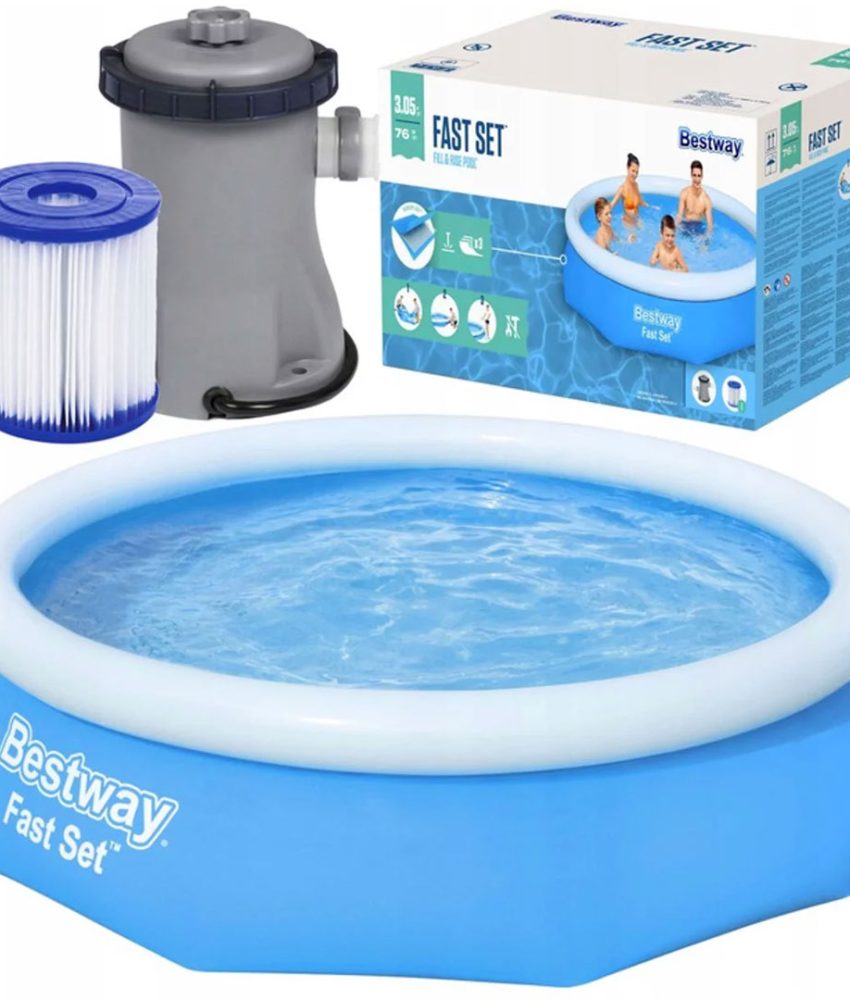 Piscina gonflabila Family, Bestway Fast Set, 305 x 76 cm, sistem de filtrare inclus, capacitate 3800 litri + Boxa bluetooth + Cadou Geanta frigorifica