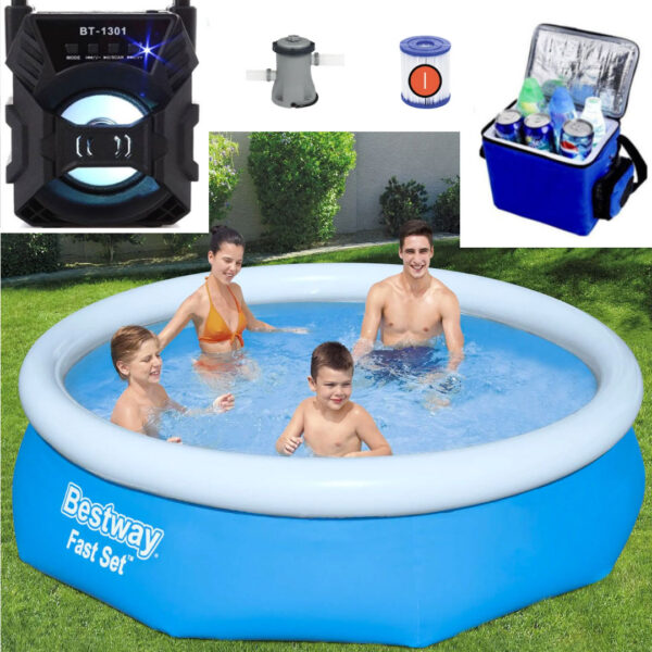 Piscina gonflabila Family, Bestway Fast Set, 305 x 76 cm, sistem de filtrare inclus, capacitate 3800 litri + Boxa bluetooth + Cadou Geanta frigorifica