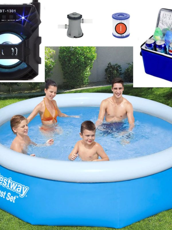 Piscina gonflabila Family, Bestway Fast Set, 305 x 76 cm, sistem de filtrare inclus, capacitate 3800 litri + Boxa bluetooth + Cadou Geanta frigorifica