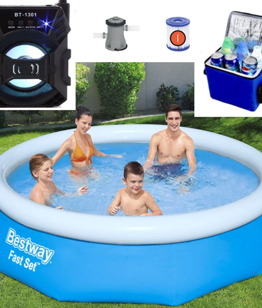 Piscina gonflabila Family, Bestway Fast Set, 305 x 76 cm, sistem de filtrare inclus, capacitate 3800 litri + Boxa bluetooth + Cadou Geanta frigorifica