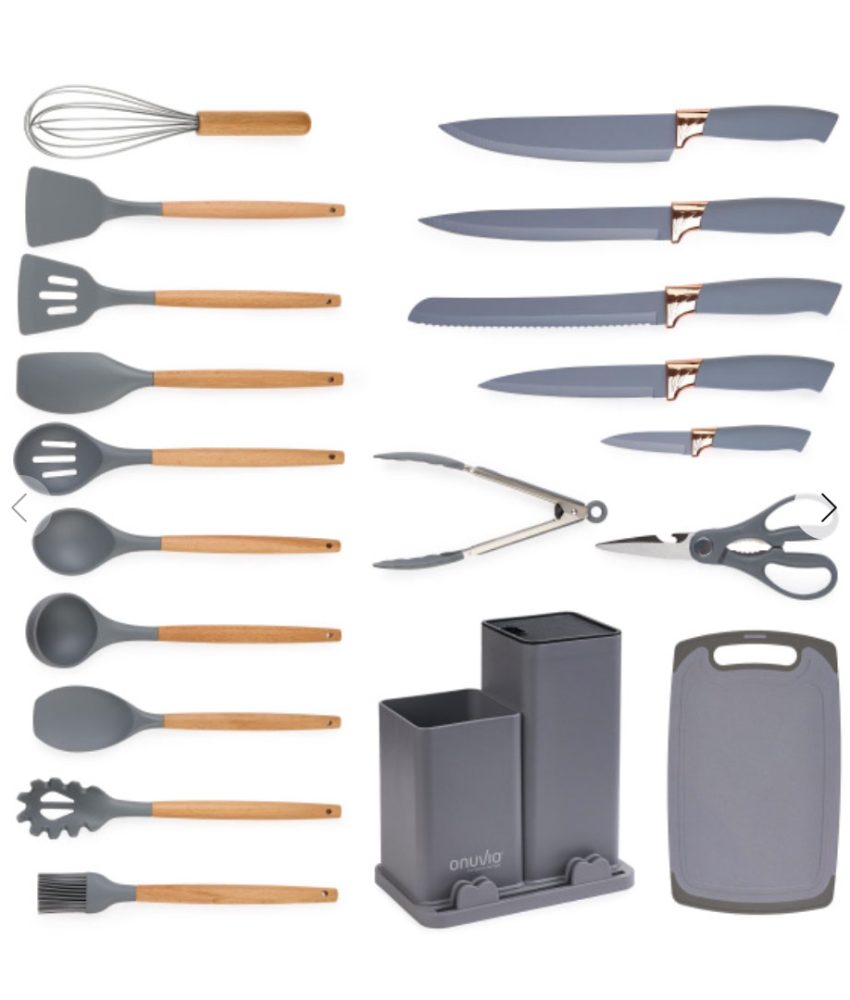 Set ustensile bucatarie 19 piese Lemn si Silicon alimentar, Cutite, Tocator, Termorezistente, Antiaderente, Suport Blat