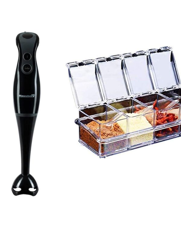 Blender de mana Hausberg HB-7671, 300 W, Lama din inox, 2 viteze + Organizator 4 condimente Crystal Seasoning cu lingurite